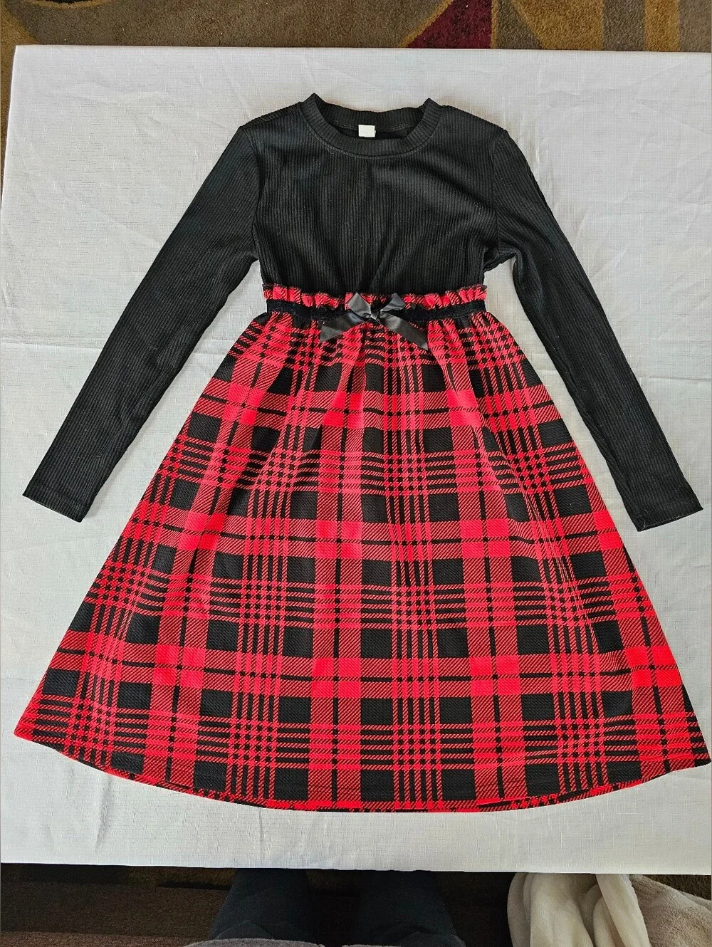 Shein Girls Red & Black Ribbed / Plaid Fit & Flare Casual Dress Size 11/12 Years